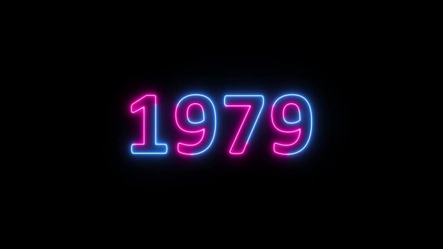 Glowing neon 1979 year text looped animation on black background. Abstract 1979 neon text animation, Blue and pink text concept of counting years.