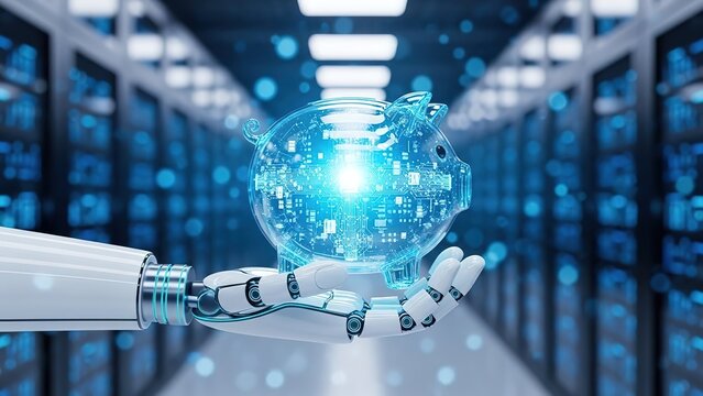 Futuristic robot hand holding glowing digital piggy bank with circuits in modern server room, AI finance, data security, technology concept - Powered by Adobe