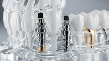 Dental implant model with titanium abutments and crowns.