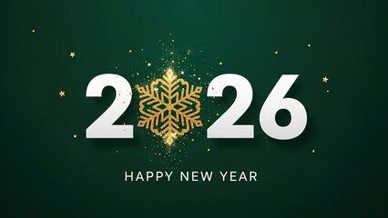 Happy New Year 2026 Celebration: Elegant Gold Snowflake, Confetti & Stars on Dark Green Background - Festive Winter Greeting