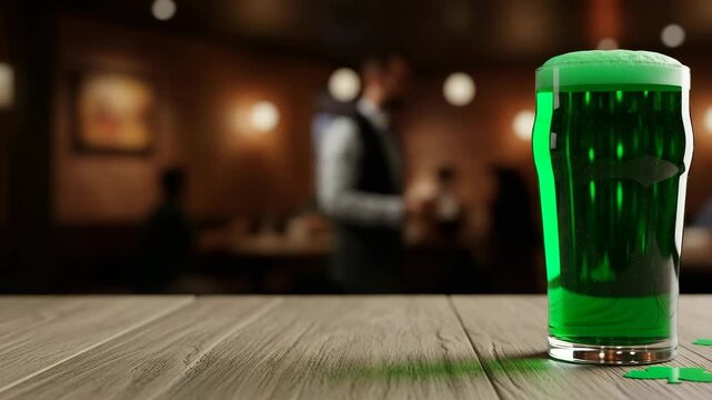 Green beer glass on wood table with growing shamrock for St Patrick day celebration in pub with blurred background