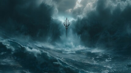 Poseidon summoning colossal tidal waves, sea demons emerging from the depths, glowing trident, water splashing in slow motion, realistic lighting, fantasy realism, cinematic storm — v 7 