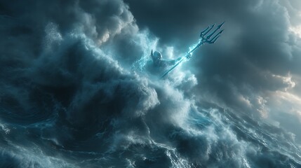 Poseidon summoning colossal tidal waves, sea demons emerging from the depths, glowing trident, water splashing in slow motion, realistic lighting, fantasy realism, cinematic storm — v 7 