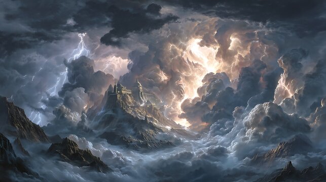 A hyper-realistic scene of Zeus hurling thunderbolts from the sky against monstrous Titans on Mount Olympus, dark stormy clouds, glowing lightning illuminating armor, cinematic composition, 