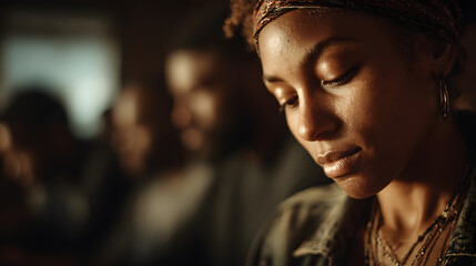 Black woman immersed in reading in library with friends during Black History Month: Black History Month