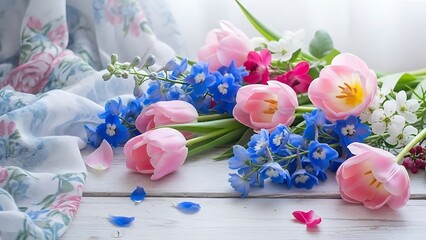 Vibrant bouquet of tulips and bluebells