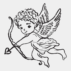Fototapeta premium Hand drawn flying cherub aiming heart-tipped arrow. Whimsical romance concept, Valentine's day symbol. Vector sketch illustration in vintage crayon charcoal style.