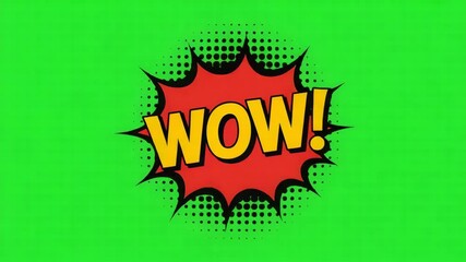 Vibrant comic book style WOW exclamation on green screen background. Comic WOW Text in Red Explosion on Bright Green Background Pop Art Style for Surprise and Excitement 4k vdieo
