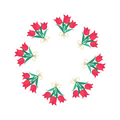 Tulips, festive bouquet of bright flowers, plants. Round frame, border, banner space for text. Spring-summer. Stems with wide leaves, bow. Birthday, Women's Day. Close-up for greeting cards, isolated.