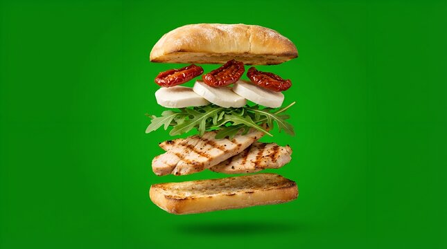 Grilled Chicken Sandwich Components Levitating Against Green Background