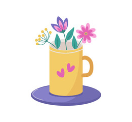 Mug and saucer. Flowers, plant branches, and leaves. Funny mug with a bouquet of abstract flowers. Heart-shaped. Valentine's Day, holiday, love. Vector illustration, isolated background.