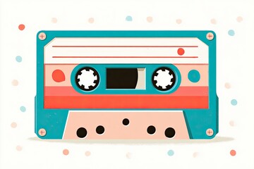 Naklejka premium Retro audio cassette icon in flat illustration style, featuring vibrant colors and playful design elements, perfect for nostalgic music themes and creative projects with copy space