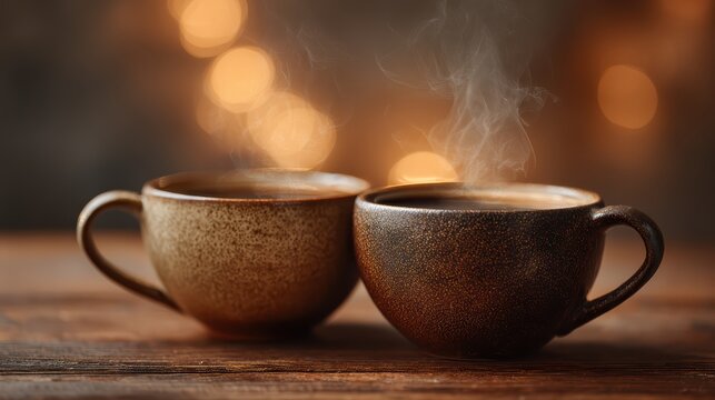 Two coffee cups clinking on wooden table  morning ritual