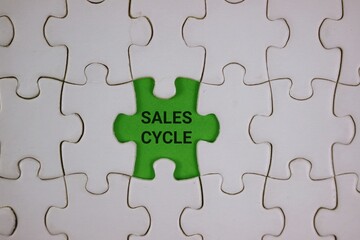 Fototapeta premium Green Puzzle Piece With Sales Cycle Text Among White Pieces Symbolizing Business Growth and Strategy.