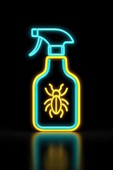 Neon style pest control icon featuring a spray bottle with insect illustration, glowing brightly against a dark background, symbolizing effective pest management solutions