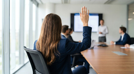 Woman raises hand in meeting