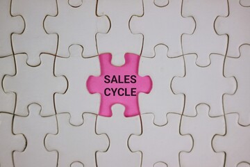 Fototapeta premium Pink Puzzle Piece With Sales Cycle Text Among White Pieces Symbolizing Business Growth and Strategy.