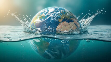Earth globe emerging from turquoise water with dramatic splash and sunlight rays on ocean surface. Environmental conservation concept