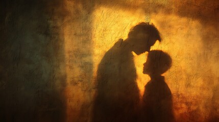 an adult shadow embracing the younger self, glowing edges symbolizing forgiveness and love, warm vintage tones, emotional storytelling composition — v 7 