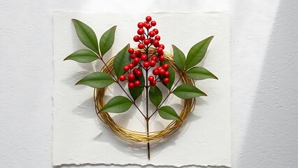 Elegant wreath with red berries and green leaves