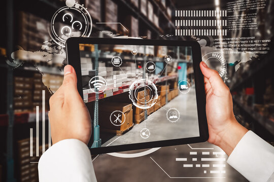 Smart warehouse management system using augmented reality technology to identify package picking and delivery . Future concept of supply chain and logistic business . - Powered by Adobe