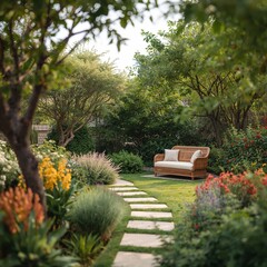 Obraz premium Cozy Seating Area Surrounded by Flowers and Greenery in a Small Garden