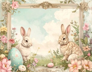Vintage Easter bunnies in floral frame.