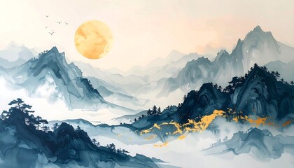 Misty Mountains with Full Moon Rising.