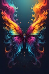 Abstract butterfly glowing with fire and smoke on a dark colorful background