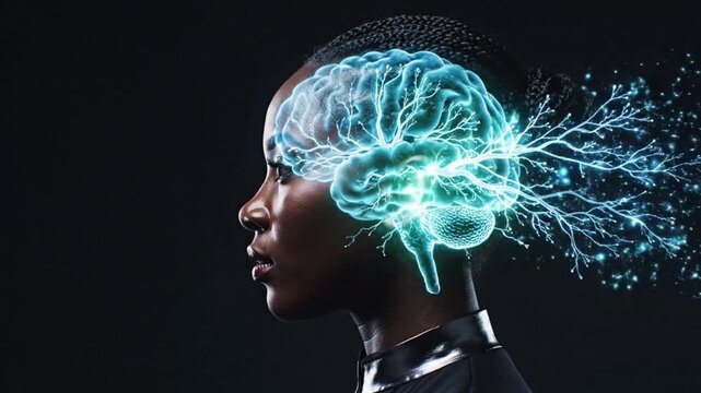 Animated video of a woman with a glowing blue brain coming