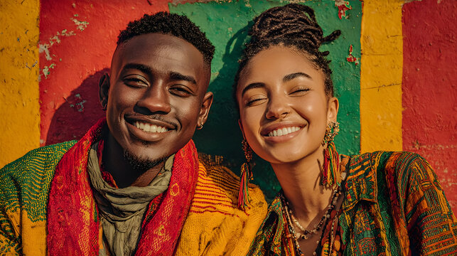 Young african-american man and woman over red yellow green black colors background. Juneteenth freedom day celebration. Generative ai
