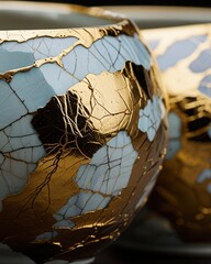 Japanese Kintsugi Pottery Macro Detail in Light Blue Ceramic and Gold 金継ぎ