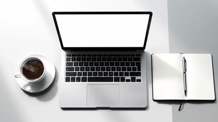 Modern workspace setup with laptop, coffee, and notebook on white desk