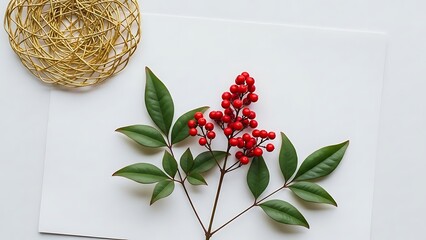 Red berries and green leaves on white background