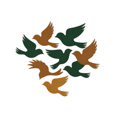 Obraz premium Flock of birds in flight with green and brown feathers Vector, illustration