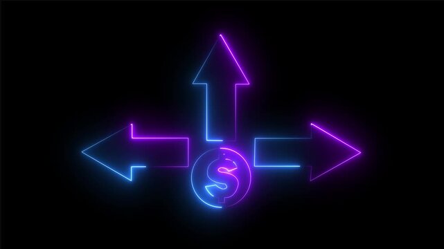 line of dollar sign with direction left right and up arrow icon animation glowing neon pink and blue color business graph chart bar business success information signal sign symbol  black background 4k