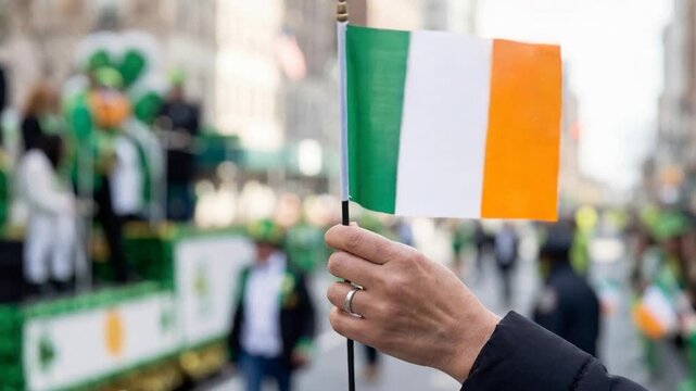 Woman's hand waving an irish flag celebrating st. Patrick's day in a city street with a parade in the blurred background