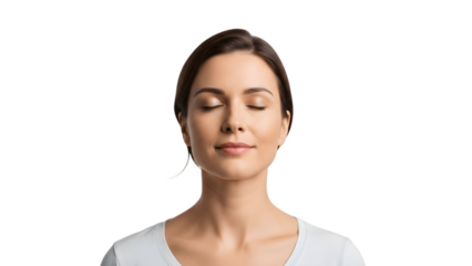 A portrait of a serene woman with closed eyes, conveying peace and tranquility isolated on a transparent background