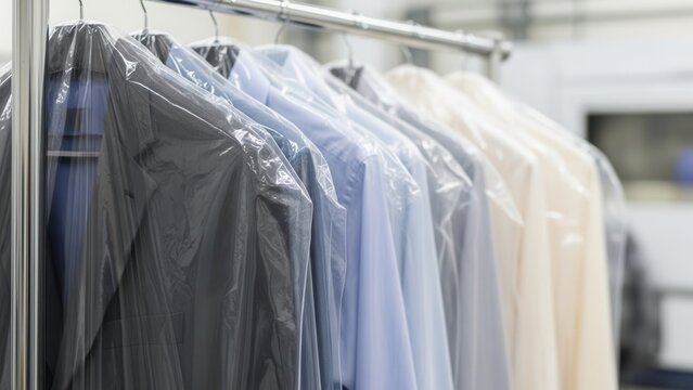 Professional dry cleaning service with fresh shirts on hangers in plastic bags. Laundry business concept for retail display and garment care. Clean organized clothing rack in warehouse.