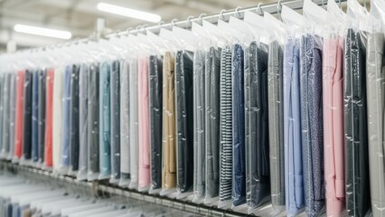 Row of professionally cleaned shirts and suits in transparent plastic bags hanging on rack in dry cleaner shop. Organized laundry service, retail display and clothing care concept image.