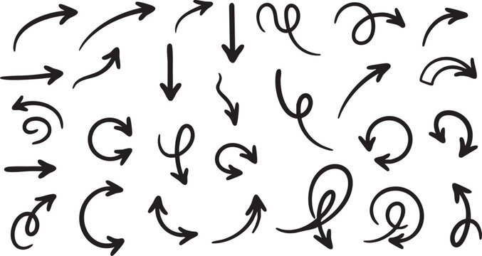 Collection of hand drawn arrows in various directions and styles