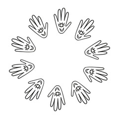 Cute round frame with hand drawn outline witch hands isolated on white background. Boho celestial circle composition.