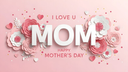 Happy mother's day card with pink flowers and hearts