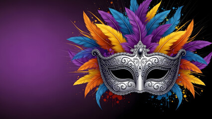 Vibrant masquerade mask with colorful feathers on purple background
