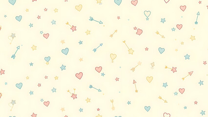 Valentine&rsquo;s Day background wallpaper pattern with pastel hearts, stars, and arrows on soft beige surface