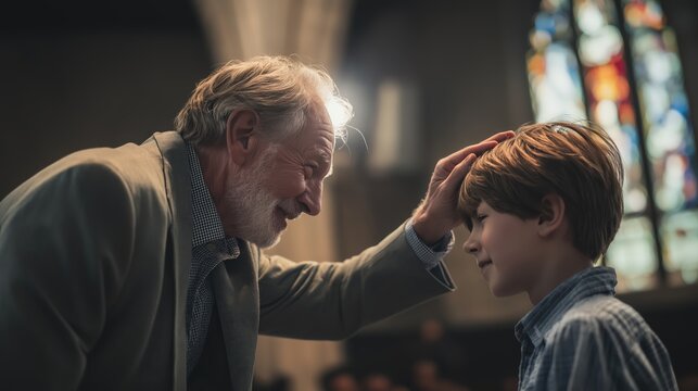 An elderly pastor gently blessing a young boy inside a church, warm sunlight streaming through stained-glass windows as his hand rests on the child&rsquo;s head in a quiet spiritual moment.