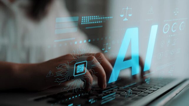 AI circuit microchip with glowing blue lines, surrounded by legal scales, warning symbols, data sheets, and binary codes, representing ethical AI, AI governance, and data integrity Marrow