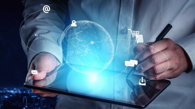 Visualization of global digital communication and online across multiple platforms, including global network, digital network, communication network, and online network. Marrow