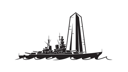Vintage battleship and modern obelisk illustration isolated