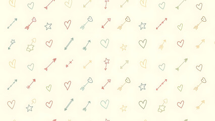 Valentine&rsquo;s Day background wallpaper pattern featuring playful hand-drawn icons in pink, blue, and yellow tones
